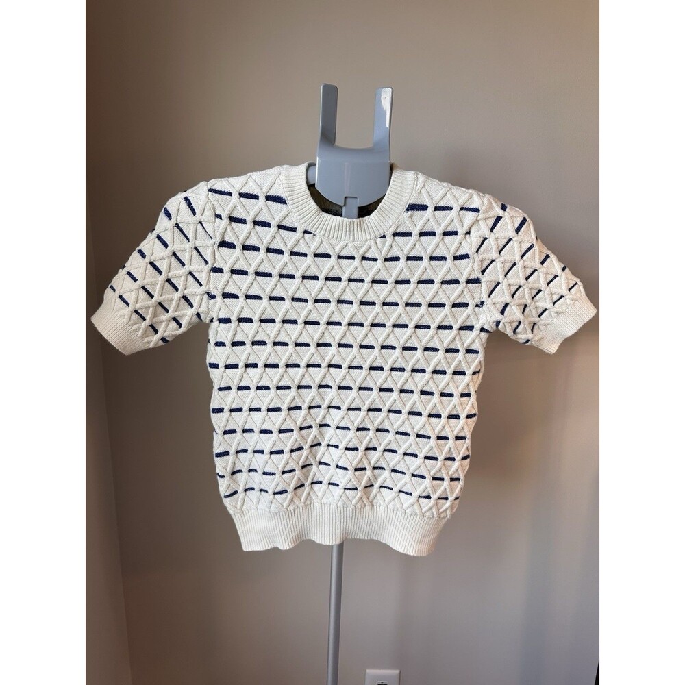 Kate Spade Metallic Blue Stripe Diamond Cable Knit Short Sleeve Sweater XXS